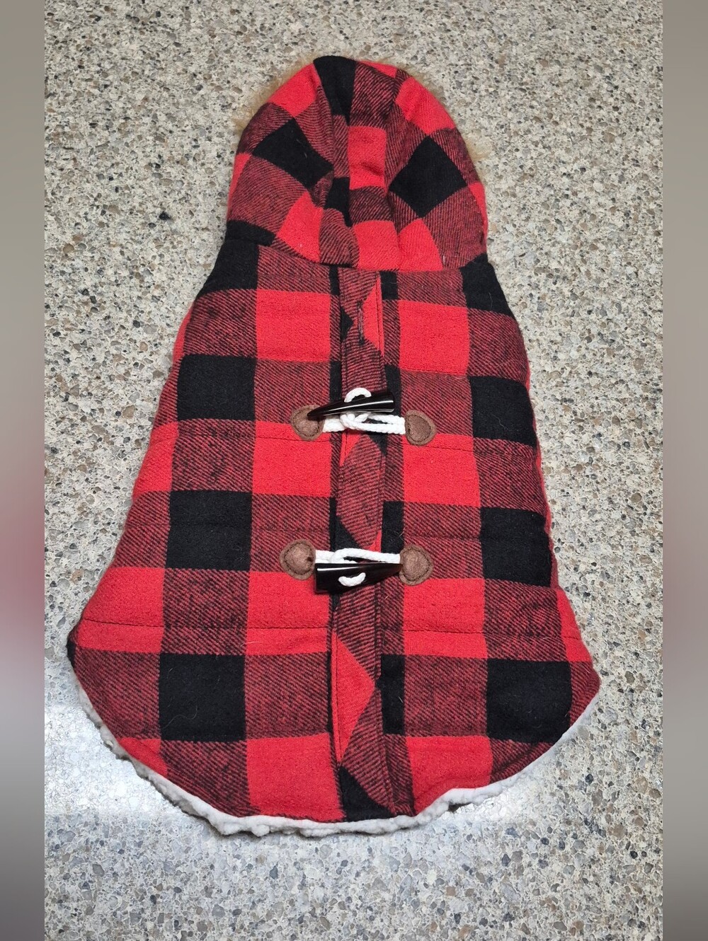 Vibrant Life Dog Coat Small Red Black Plaid Buffalo Check Fleece Faux Fur Hood